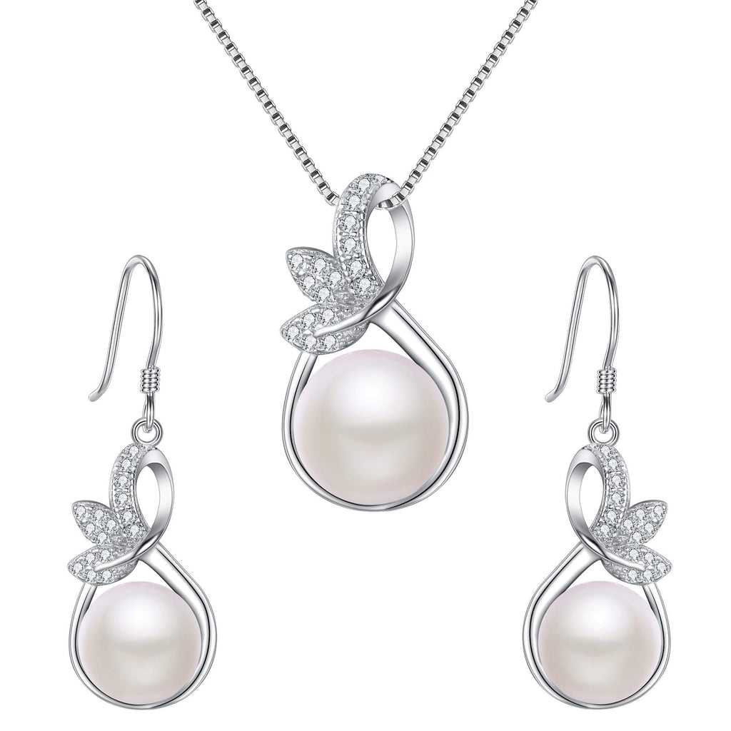 [Australia] - EleQueen 925 Sterling Silver CZ Cream Freshwater Cultured Pearl Leaf Bridal Necklace Hook Earrings Set Clear 