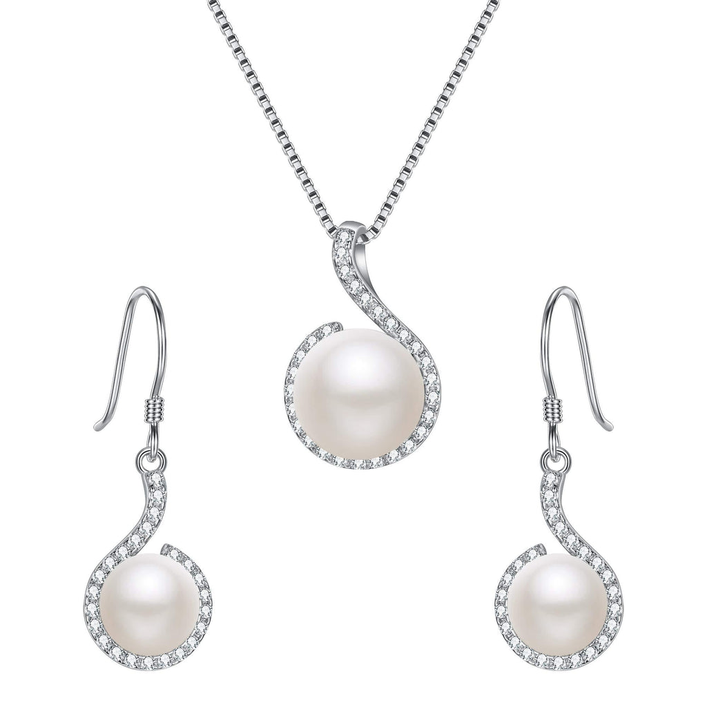 [Australia] - EleQueen 925 Sterling Silver CZ Cream Freshwater Cultured Pearl Hook Bridal Necklace Earrings Set Clear 