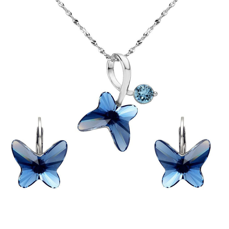 [Australia] - EleQueen 925 Sterling Silver Butterfly Bridal Necklace Leverback Earrings Set Denim Blue Made with Crystals 