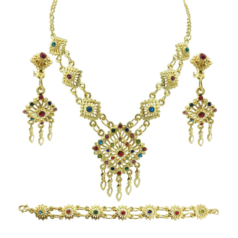 [Australia] - Siwalai Thai Traditional Gold Plated Multicolor Crystals Necklace Earrings Bracelet Jewelry Set 18 Inches 