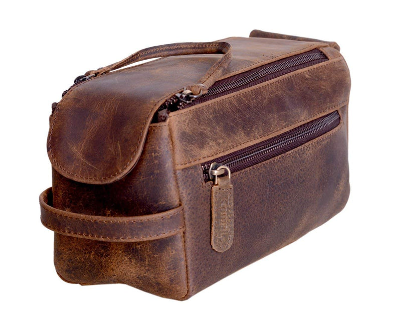 [Australia] - KOMALC Genuine Buffalo Leather Unisex Toiletry Bag Travel Dopp Kit (Distressed Tan) Distressed Tan 
