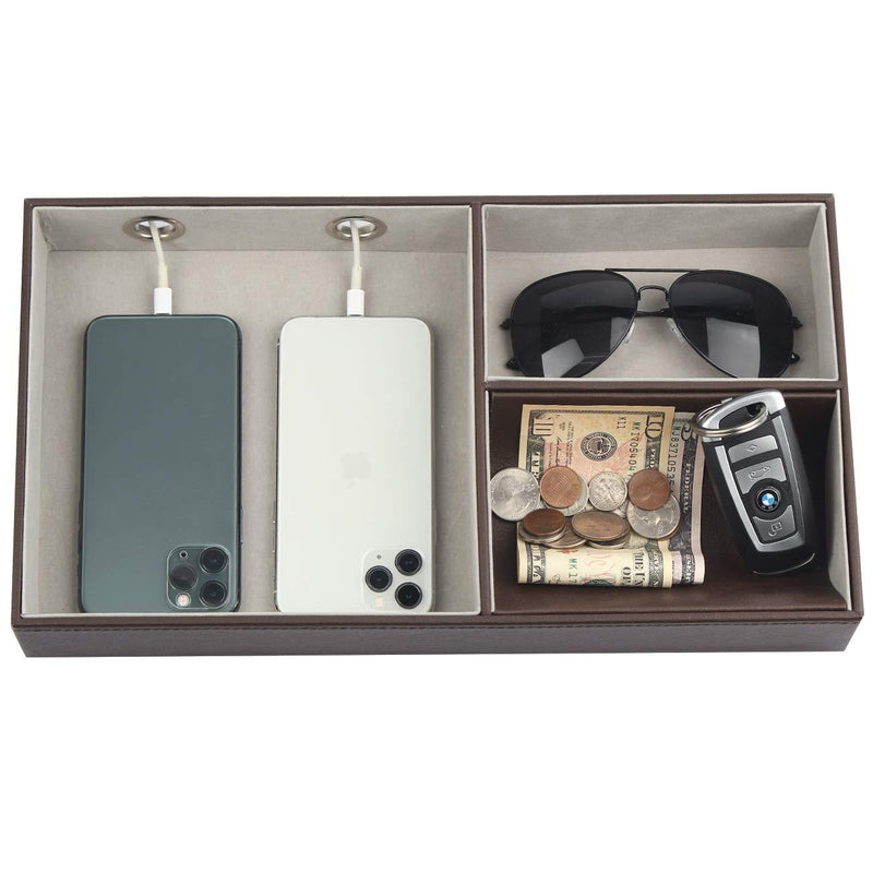 [Australia] - JACKCUBE DESIGN Nightstand Organizer for Men, Leather Valet Tray Key Wallet Phone Watch Glass Holder with 2 Charging Holes (Dark Brown, 14.2 x 7.7 x 2 inches) - MK234A 