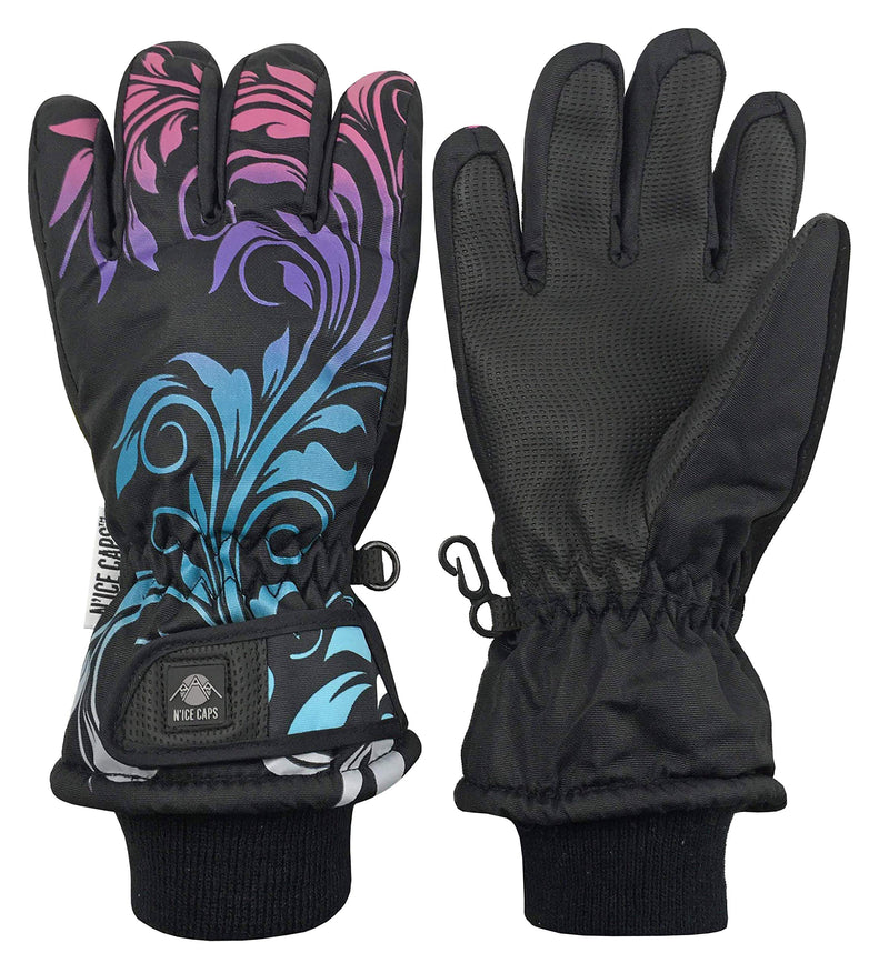 [Australia] - N'Ice Caps Girls Waterproof Thinsulate Fashion Design Winter Snow Ski Gloves Black Scroll Print 9-11 Years 