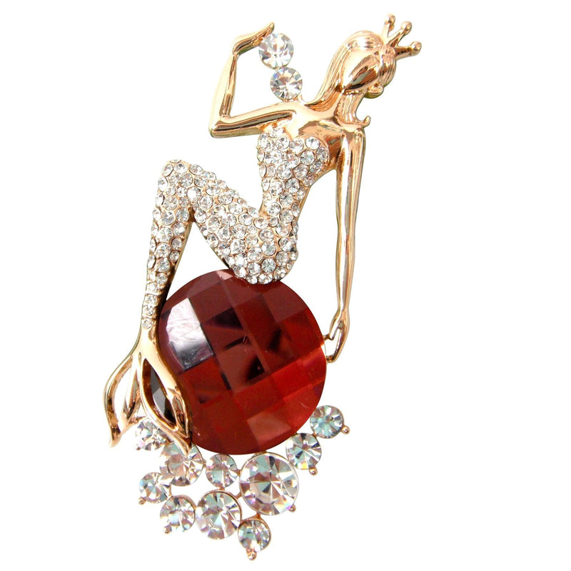 [Australia] - Navachi 18k Gold Plated Clear Crystal Mermaid Brooch Pin Red 