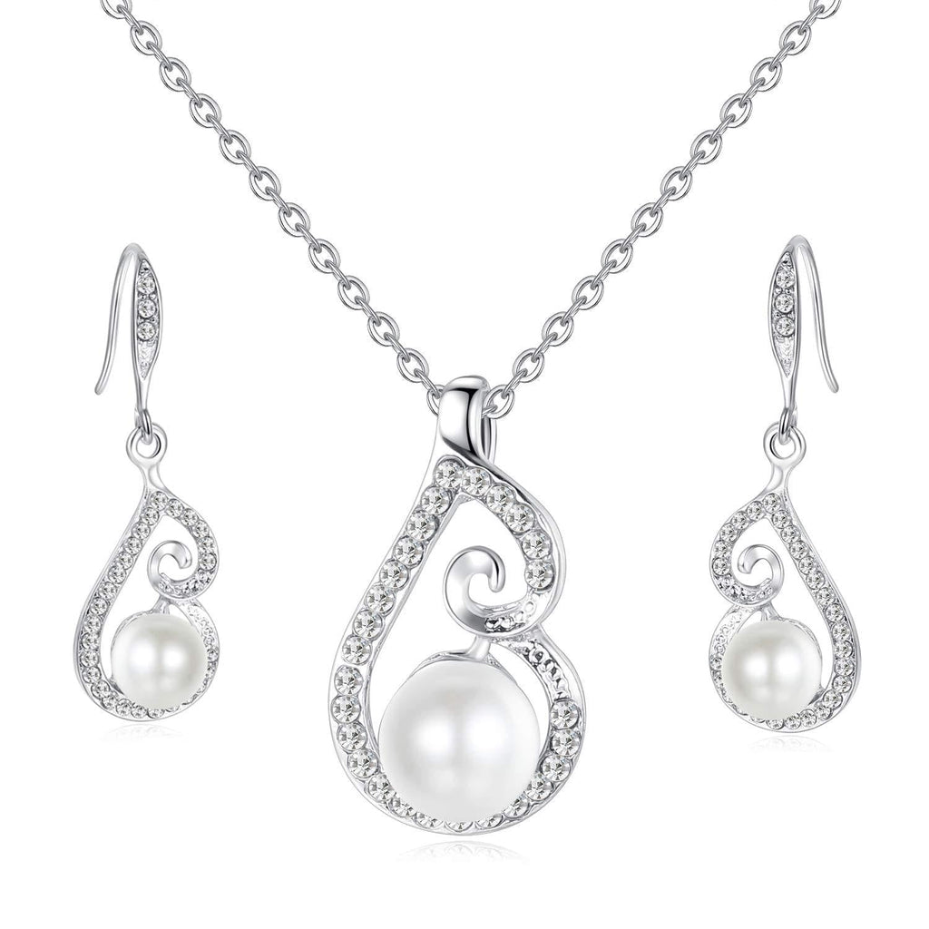 [Australia] - OUFO Artificial Pearl Jewelry Set for Women Necklace and Earrings Crystal Silver Plated Pendant Necklaces Sets for Wedding Gifts 