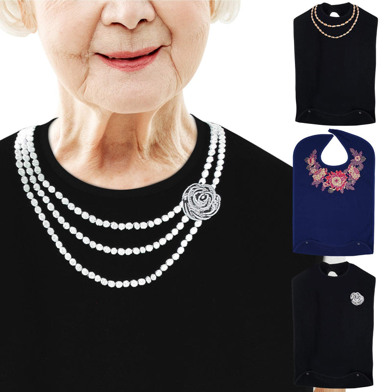 [Australia] - Classy Pal, Adult Bibs for Women Washable, Dress ‘n Dine™ Clothing Protectors for Eating, Senior Adult Bib Terry Cloth Crumb Catcher, Embroidered Design, Waterproof & Reusable (Pearl Necklace) Pearl Necklace 
