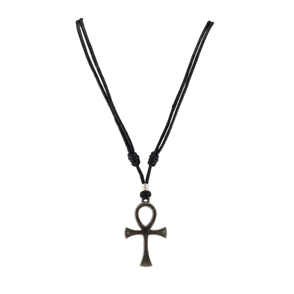 [Australia] - BlueRica Ankh Cross of Life Pendant on Adjustable Black Rope Cord Necklace (Old Silver Color) 