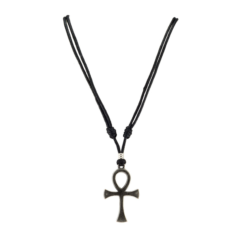 [Australia] - BlueRica Ankh Cross of Life Pendant on Adjustable Black Rope Cord Necklace (Old Silver Color) 