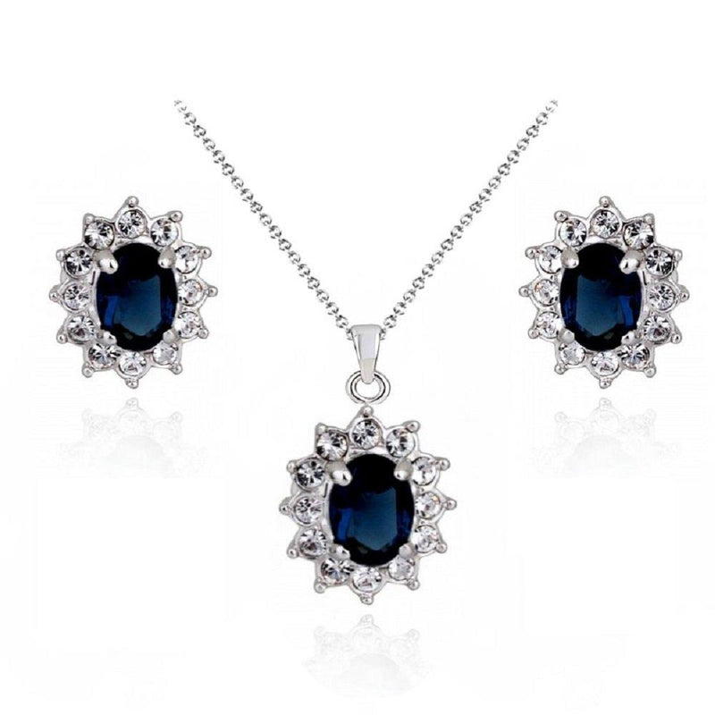 [Australia] - Blue Simulated Sapphire Zirconia Crystals Ellipse Set Pendant Necklace 18" Earrings 18 ct White Gold Plated 