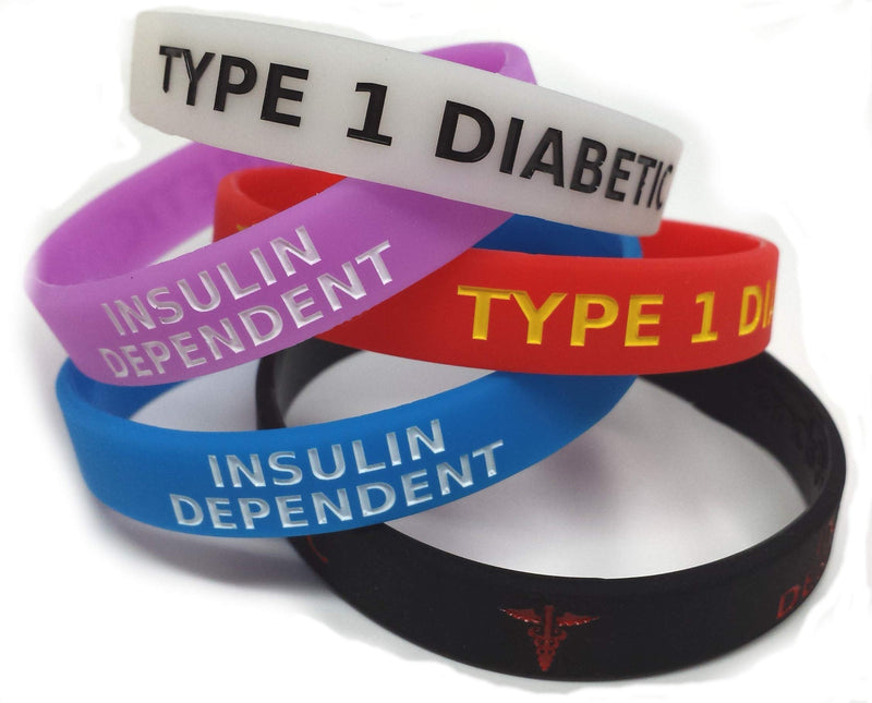 [Australia] - 5X Type 1 Diabetic Diabetes Insulin Dependent Medicated Wristband Medical Awareness Alert Bracelet Glow in The Dark, Red, Black, Purple, Blue 