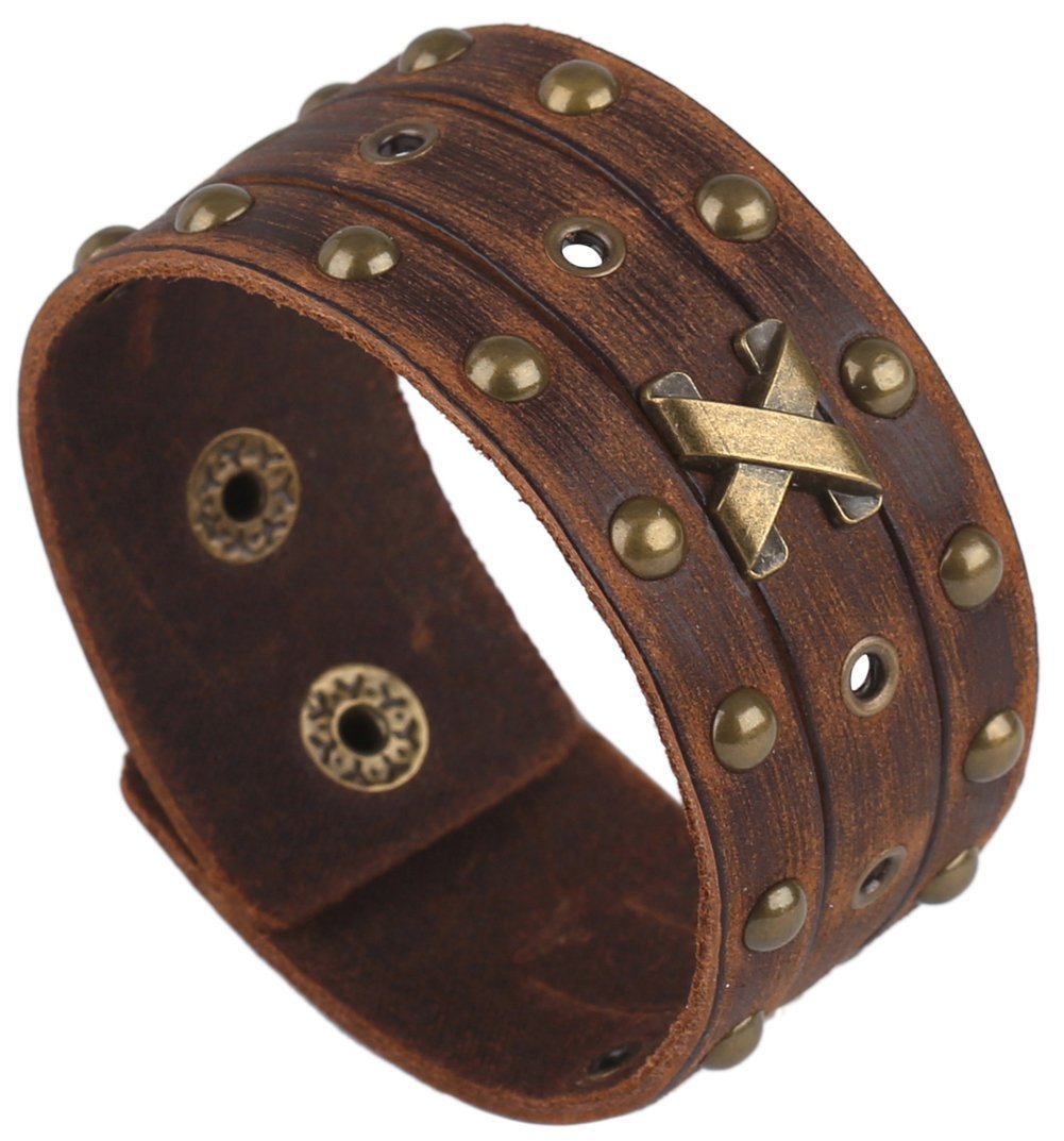 [Australia] - Hamoery Men Leather Bracelet Punk Braided Rope Alloy Bracelet Bangle Wristband Brown bracelet 