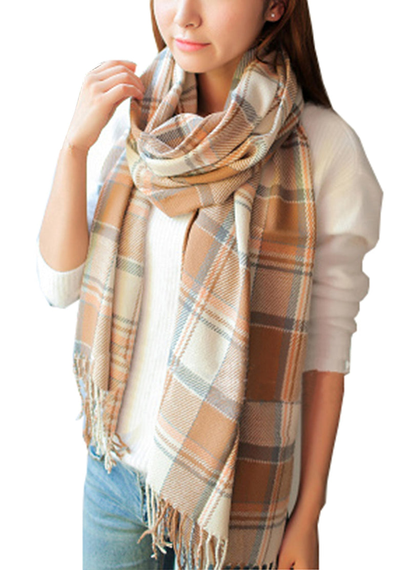 [Australia] - Wander Agio Women's Fashion Long Shawl Big Grid Winter Warm Lattice Large Scarf Beige 