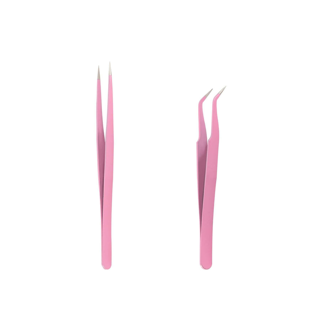 [Australia] - Bhbuy Professional Stainless Steel 2PCS Pink Straight + Bend Tweezer For Eyelash Extensions Nail Art Nippers 