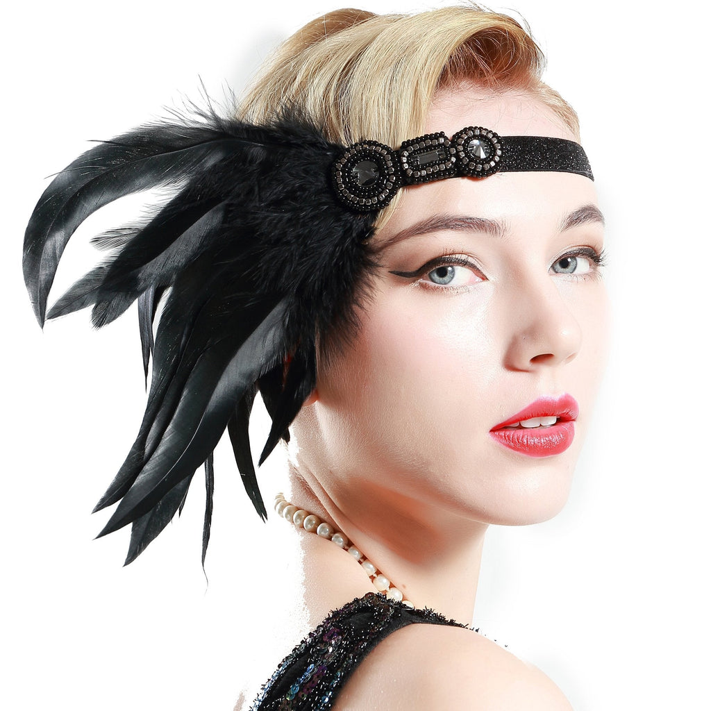 [Australia] - BABEYOND 1920s Flapper Headpiece Roaring 20s Feather Headband Roaring 20s Gatsby Hair Accessories Style4-black 