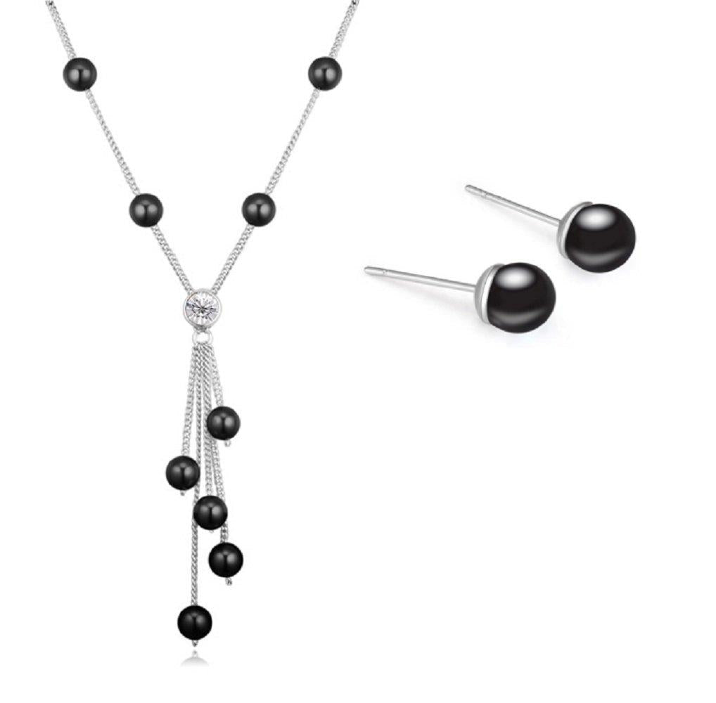 [Australia] - Black Crystal Simulated Pearls Set Strand Necklace 18" Stud Earrings 18 ct White Gold Plated for Women 