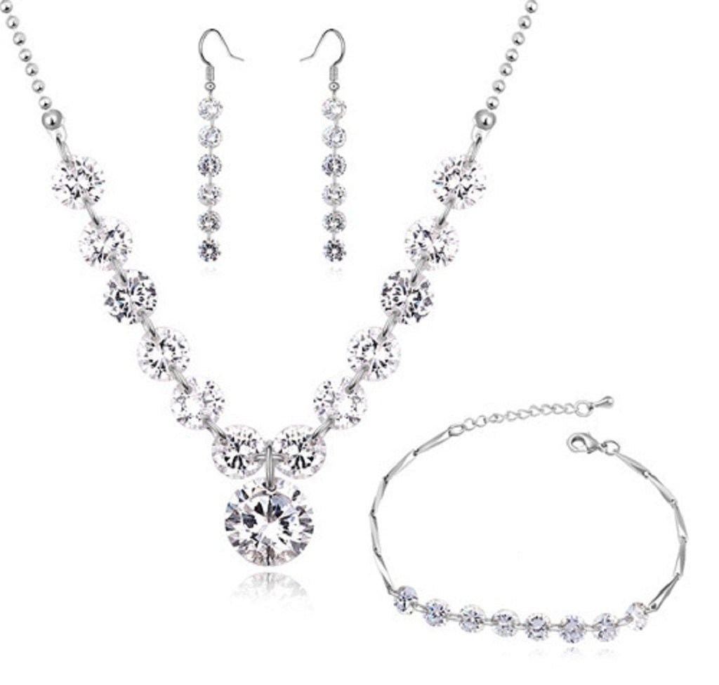 [Australia] - Wedding Set White Zirconia Crystals Strand Necklace Dangle Earrings Bracelet 18 ct White Gold Plated 