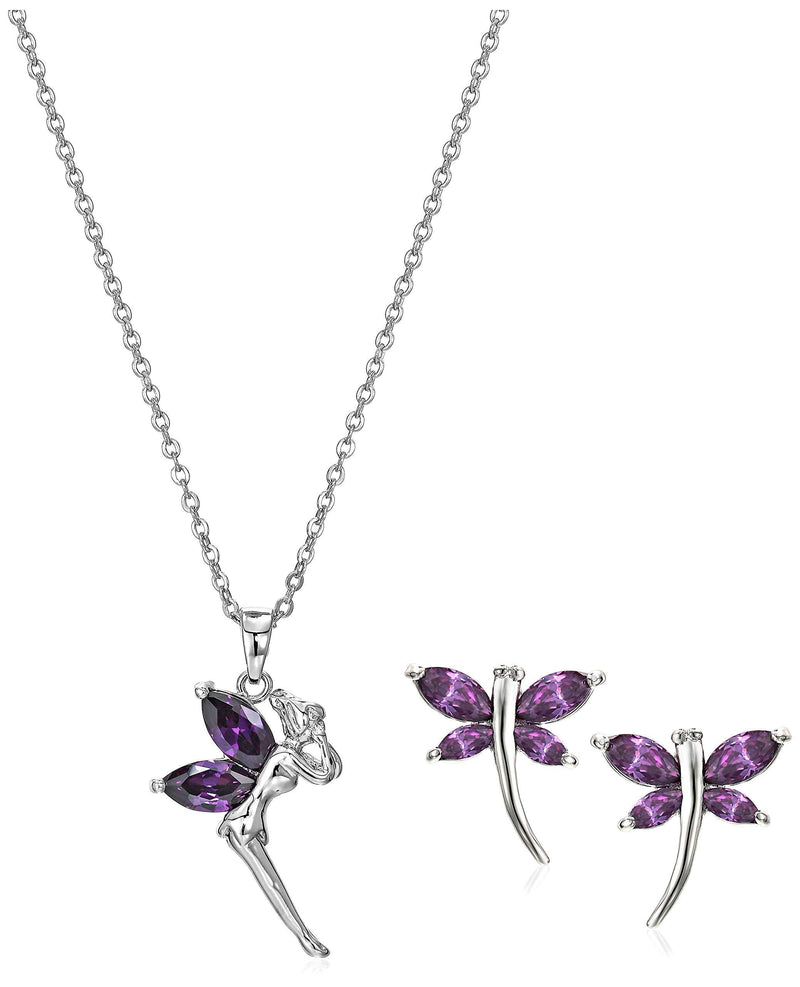 [Australia] - Fairy Tinkerbell Purple Violet Zirconia Crystals Jewelry Set Pendant Necklace 18" Stud Earrings 18 ct White Gold Plated 