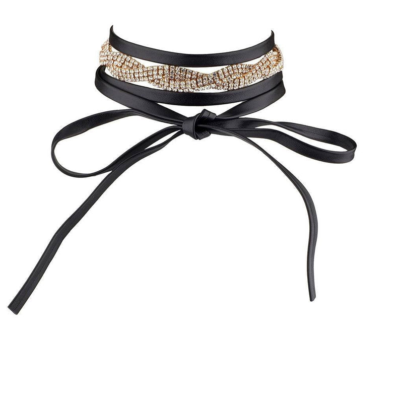 [Australia] - Lux Accessories Black Pu Leather and Gold Tone Crystal Braided Wrap Choker 