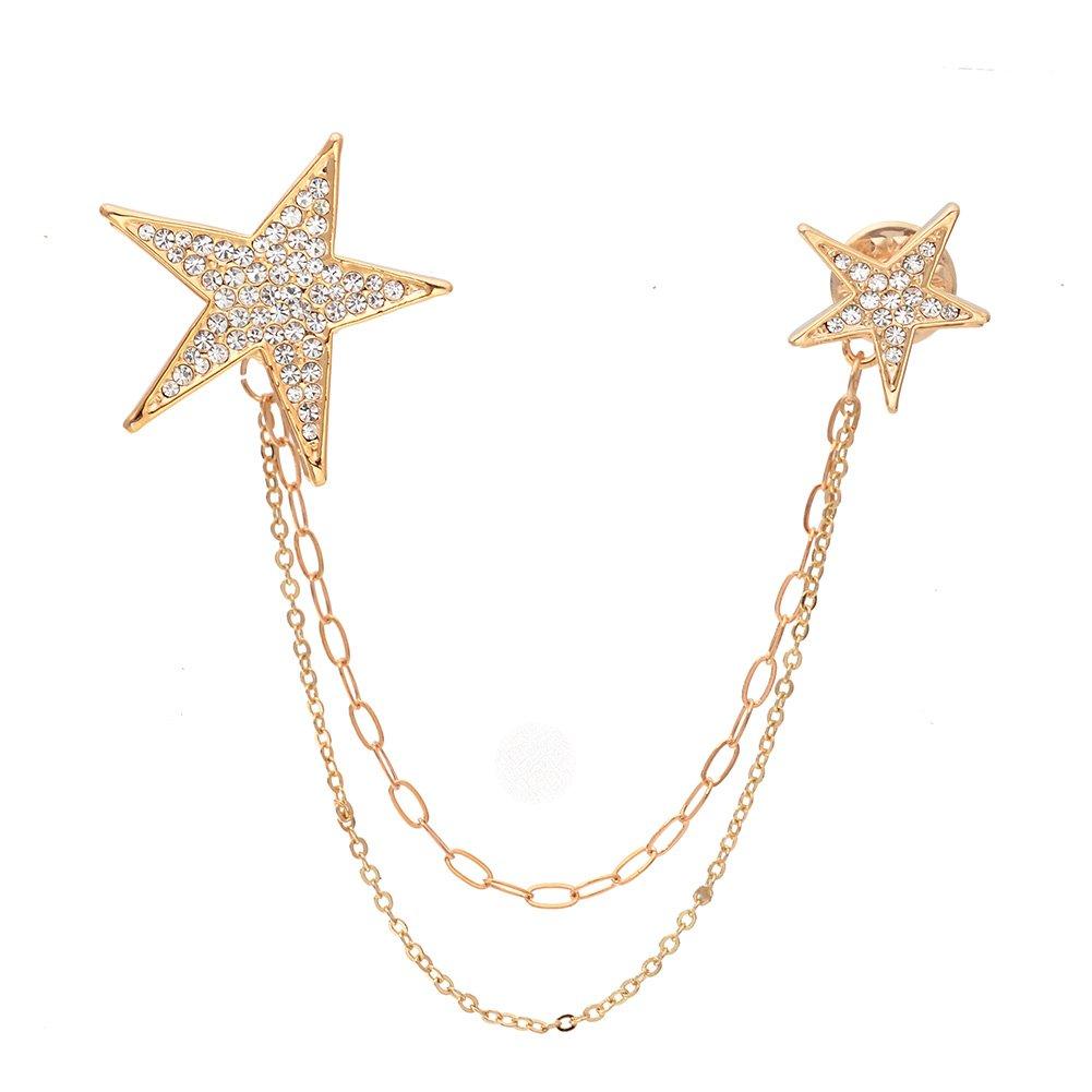 [Australia] - OBONNIE Gold/Silver Tone Crystal Star Brooch Pin with Chain Rhinestone Lapel Pin for Suit 