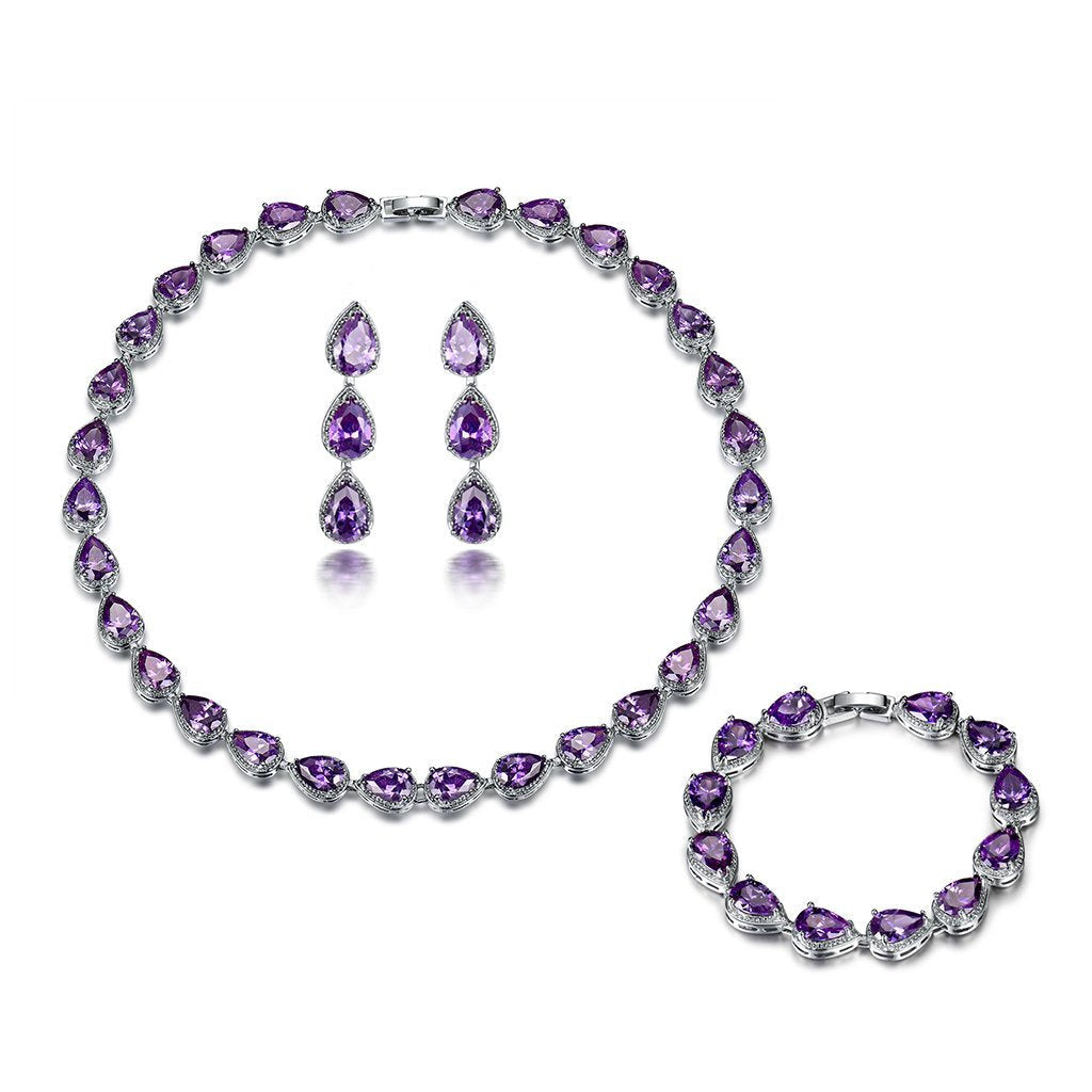 [Australia] - GULICX White Gold Plated Tear Drop AAA Cubic Zirconia Women Bracelet Earrings Necklace Jewelry Set Amethyst Color 