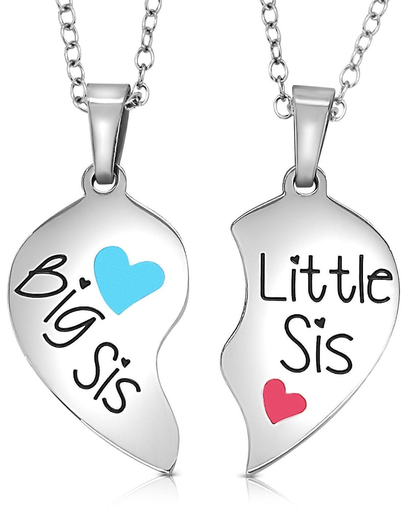 [Australia] - Sisters Jewelry Gift, Big Sis & Little Sis 2 Piece Split Heart Matching Sister Pendant Necklace Set for Women, Girls, Teens, Tweens Blue/Pink 