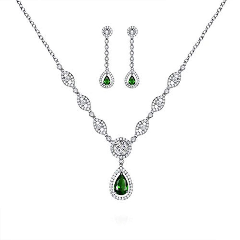 [Australia] - GULICX AAA Cubic Zirconia Women's Party Silver Tone Emerald-Color Jewelry Set Earrings Pendant Necklace 