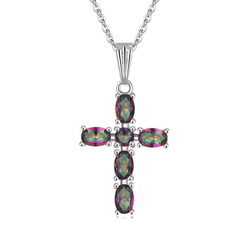 [Australia] - CiNily Cross Pendant Necklace Gold Plated Opal Pendant/Mystic Topaz Gemstone Pendant Criss Jewelry rainbow 