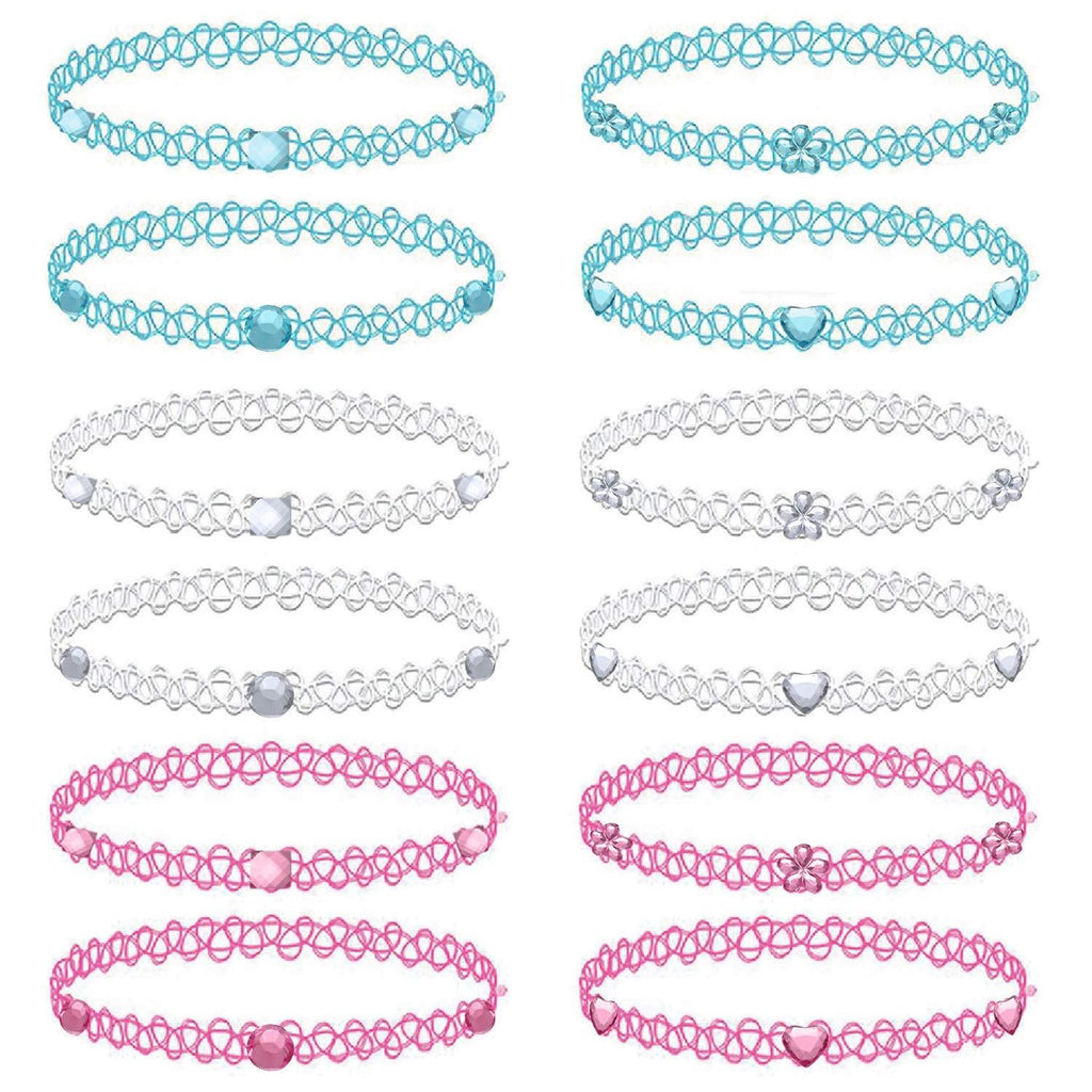 [Australia] - BodyJ4You 12PC Choker Necklace Set Aqua White Pink Stretch Elastic Jewelry Women Girl Kids Gift Pack 
