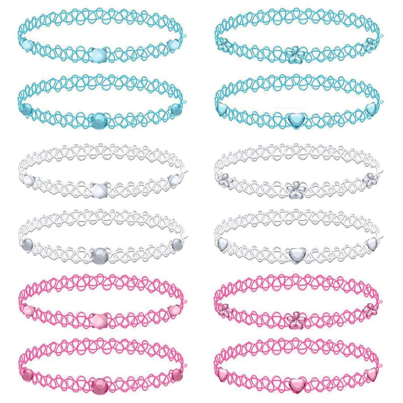 [Australia] - BodyJ4You 12PC Choker Necklace Set Aqua White Pink Stretch Elastic Jewelry Women Girl Kids Gift Pack 