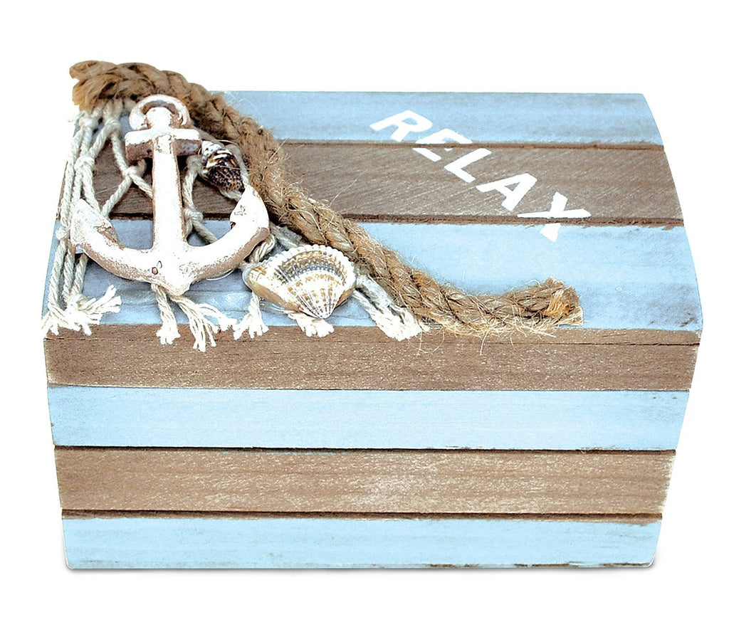 [Australia] - Puzzled Evian Brown & Blue Wood Jewelry Box, 4.2 x 2.5 Handcrafted Hinged Lid Sea Anchor Seashells Rope Decorations Keepsake Organizer Gift Box for Rings & Trinkets - Nautical Beach Home Decor Stash 