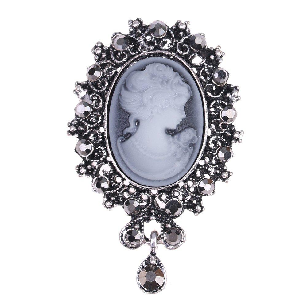 [Australia] - lureme Vintage Elegant Victorian Lady Beauty Cameo with Crystal Brooch Pin (br000017-2) Antique Silver 