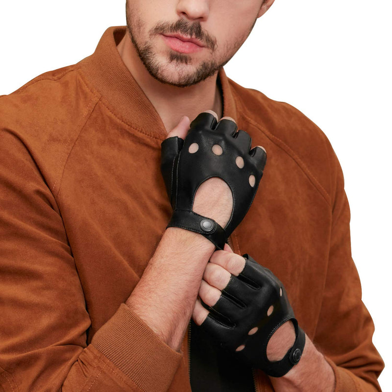 [Australia] - GSG Men Geniune Leather Fingerless Gloves Driving Cycling Half Finger Motorcycle Unlined Gloves Black Small 