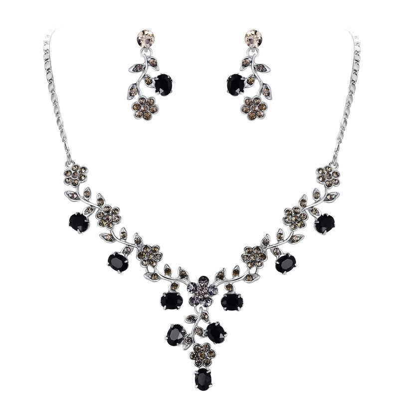 [Australia] - EVER FAITH Flower Leaf Necklace Earrings Set Austrian Crystal 2-Black Silver-Tone 