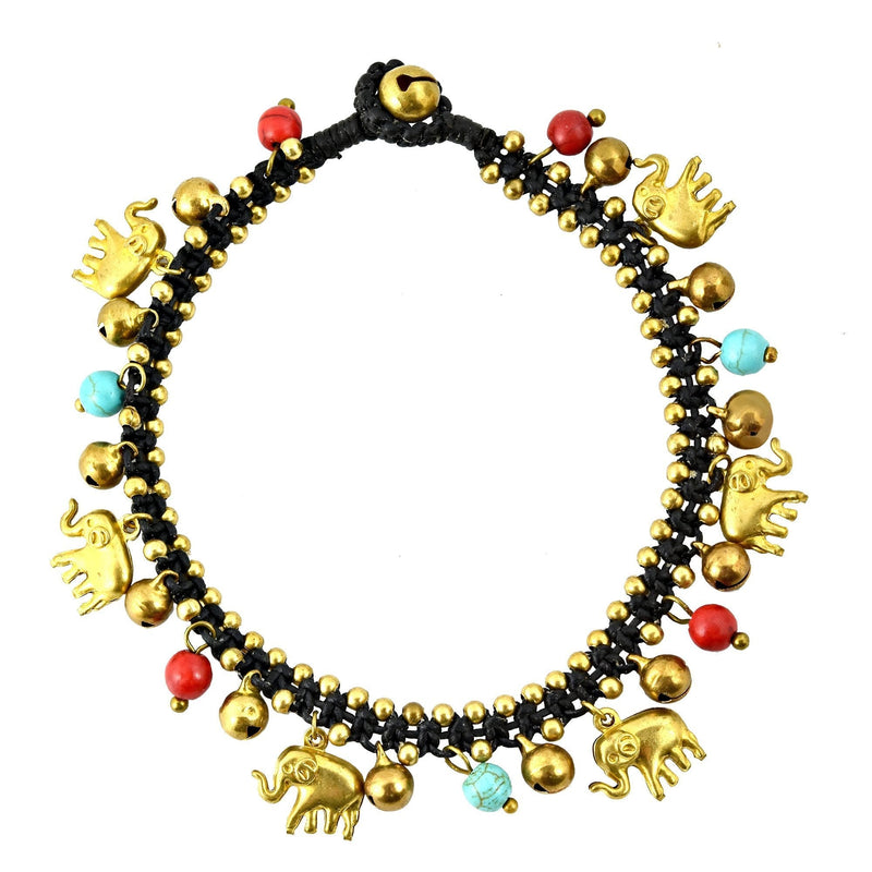 [Australia] - AeraVida Elephant Caravan with Natural Stone Beads Fashion Brass Beads and Jingle Bell Link Anklet 