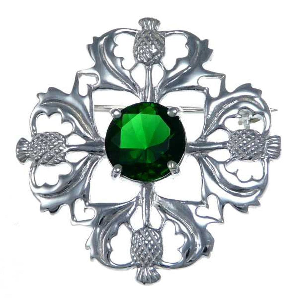 [Australia] - Sterling Silver Green Stone Thistle Brooch - Scottish Pin 