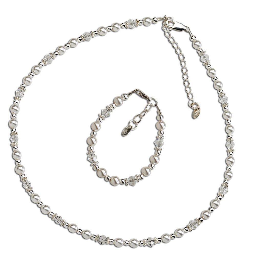 [Australia] - Children's Sterling Silver Flower Girl Necklace and Bracelet Set with Swarovski Pearls and Crystals LG (6-12 yr) 