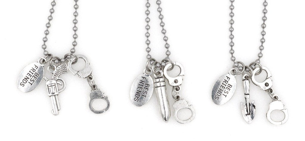 [Australia] - It's All About...You! 3 Necklace Set: 21.6” 2.4mm Stainless Steel Ball Chain Partners in Crime Handcuffs Gun Bullet Shovel 33E 