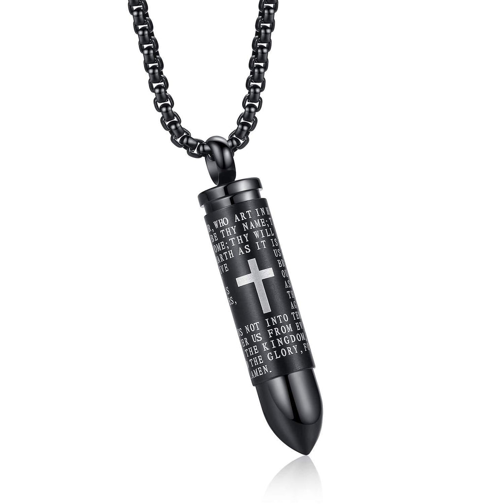 [Australia] - MONIYA Stainless Steel Bullet Pendant Urn Ashes Necklace Cross Lords Prayer in English, 22inch Box Chain Black Tone 