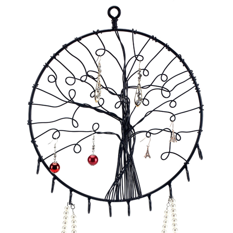 [Australia] - MyGift Wall Hanging Round Metal Tree Silhouette Design Jewelry Holder, Earrings and Necklace Hooks, Black 