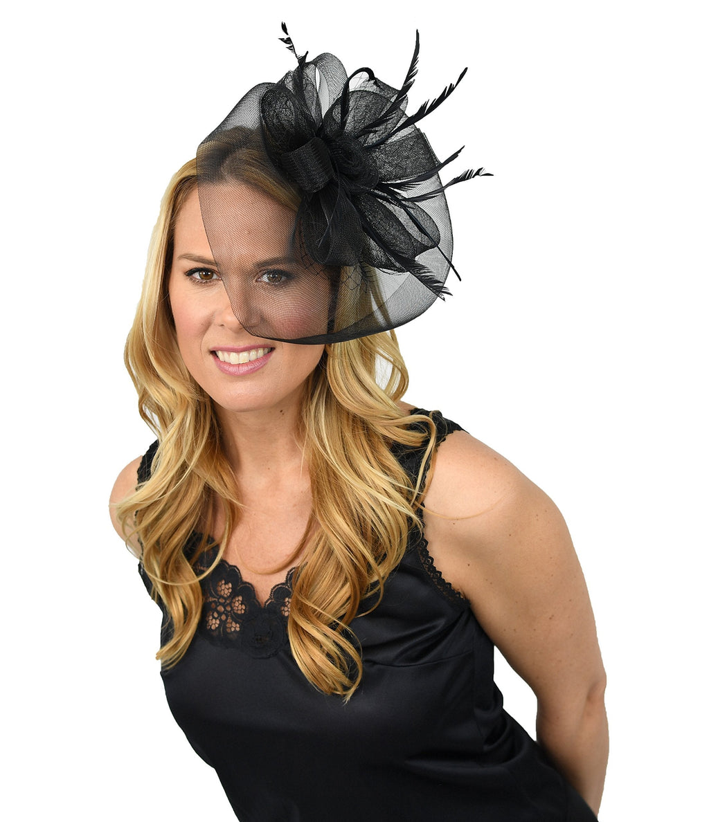 [Australia] - Home-X Women Fascinator Hat. Black Veil with Rosette and Feathers 