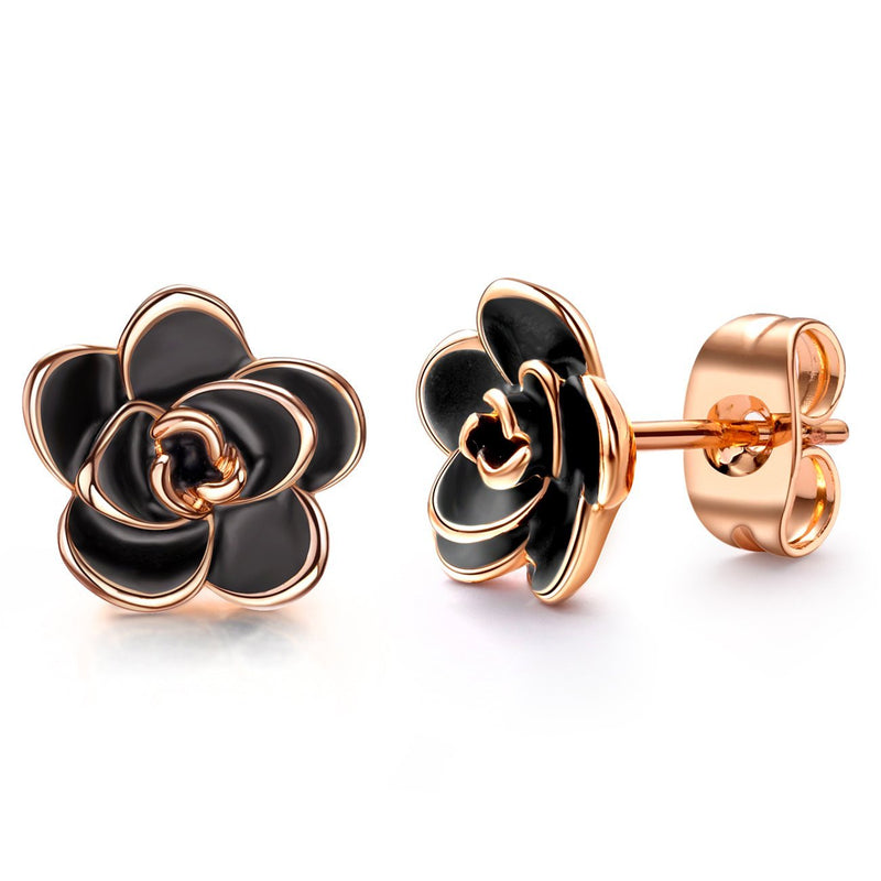 [Australia] - AllenCOCO 18K Gold Plated Black Rose Flower Stud Earrings for Women 01 Black flower/Rose gold (Small) 