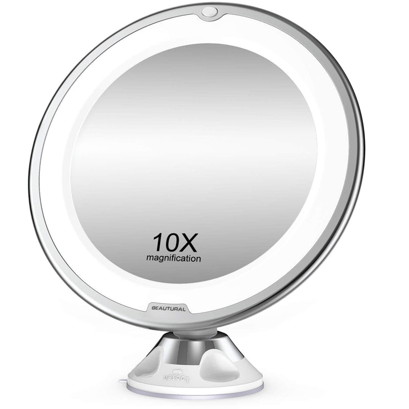 [Australia] - BEAUTURAL 10X Magnifying Makeup Mirror with Lights, Lighted Magnifying Vanity Makeup Mirror for Home Tabletop Bathroom Shower Travel, 360 Degree Rotation, Powerful Suction Cup 