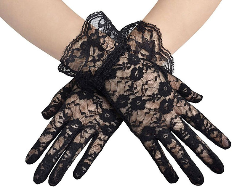 [Australia] - Lace Floral Short Tulle Bridal Gloves Black 