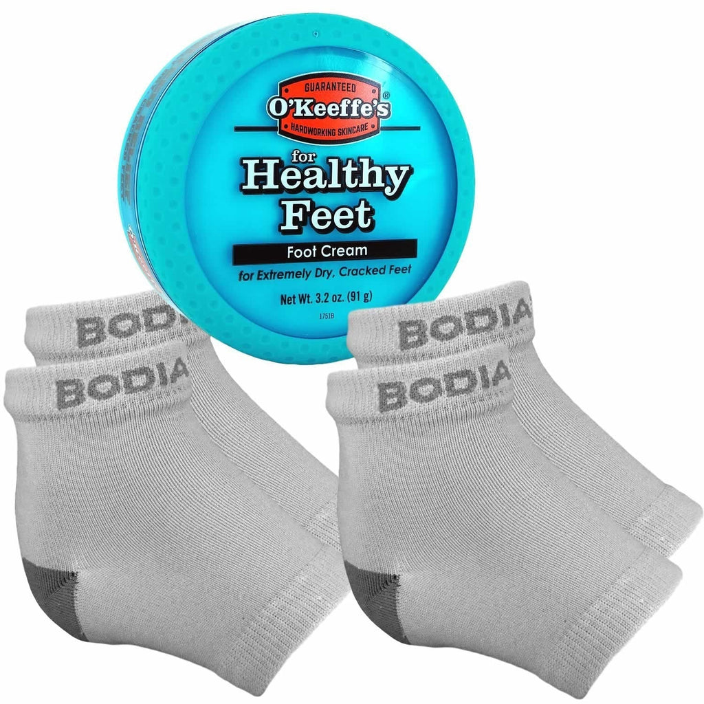 [Australia] - Dry Cracked Heels Repair Bundle with Open Toe Moisturizing Silicone Gel Heel Socks (2 Pairs, Gray) and O’Keeffe’s Healthy Feet Cream Jar for Home Foot Skin Care 