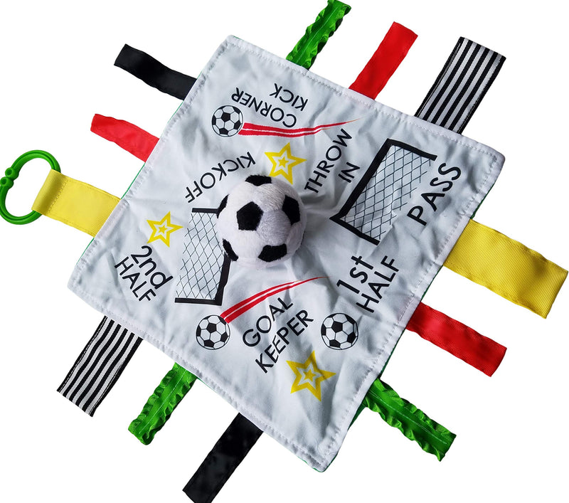 [Australia] - Baby Soccer Toy, Educational & Teething Closed Ribbon Tag Lovey Blanket with Security Plush: 10"X10" (Soccer Futbol) 