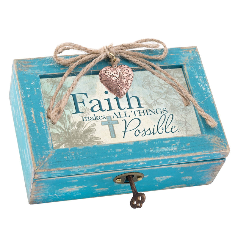 [Australia] - Faith Makes All Things Possible Teal Distressed Jewelry Music Box Plays Amazing Grace 