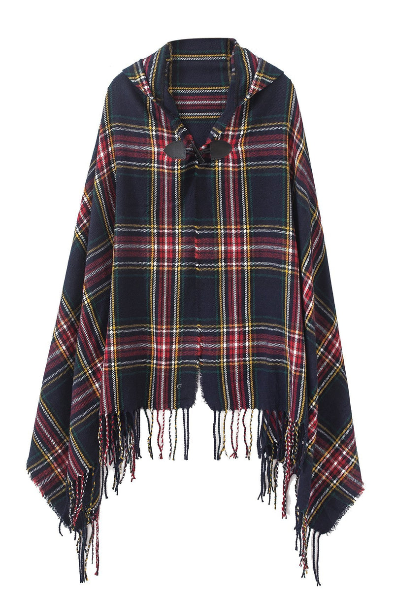 [Australia] - Women's Vintage Plaid Knitted Tassel Poncho Shawl Cape Button Cardigan One Size Series 2 Dark Blue 