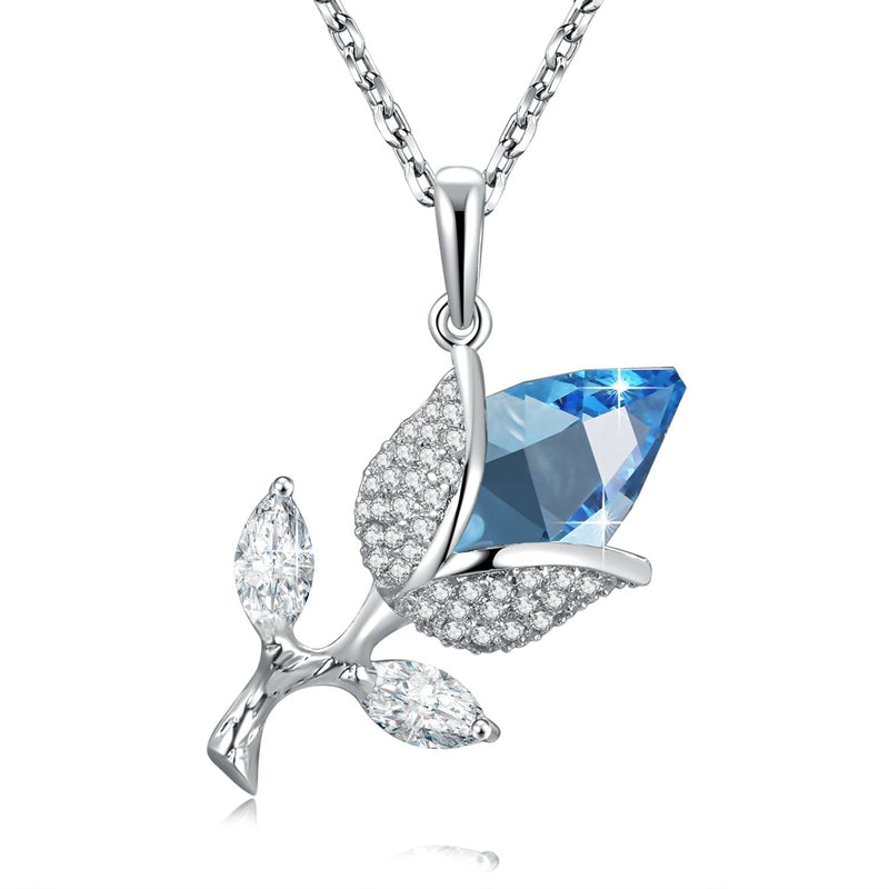 [Australia] - SUE'S SECRET Tilted Crystal Rose Flower Necklace with Crystal from Swarovski, 18 Inch Chain, Fashion Woman Girls Red Blue Rose Bud Pendant, Valentine's Thanksgiving Gifts 