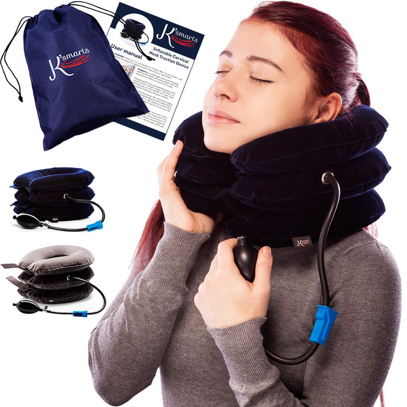 [Australia] - Pinched Nerve Neck Stretcher Cervical Traction Device for Home Pain Treatment | Inflatable Spinal Decompression Collar Unit Muscle Strain Injury Relief | Herniated Disc Problems Remedy Kit (Blue) Blue 