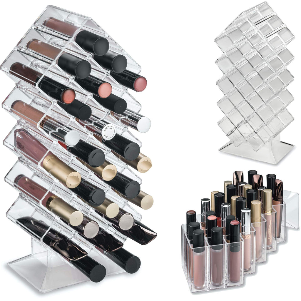 [Australia] - byAlegory Acrylic Lip Gloss Makeup Organizer 28 Space Storage w/ Deep Slots Designed To Stand Lay Flat & Be Stacked Refillable Cosmetic Container - Clear 28 Space Tower 